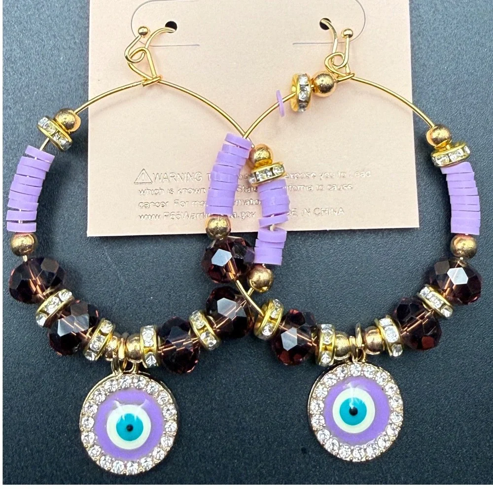 Evil Eye‎ Purple Heishi Bead Gold Tone Hoop Dangle Earrings Rhinestone Accents